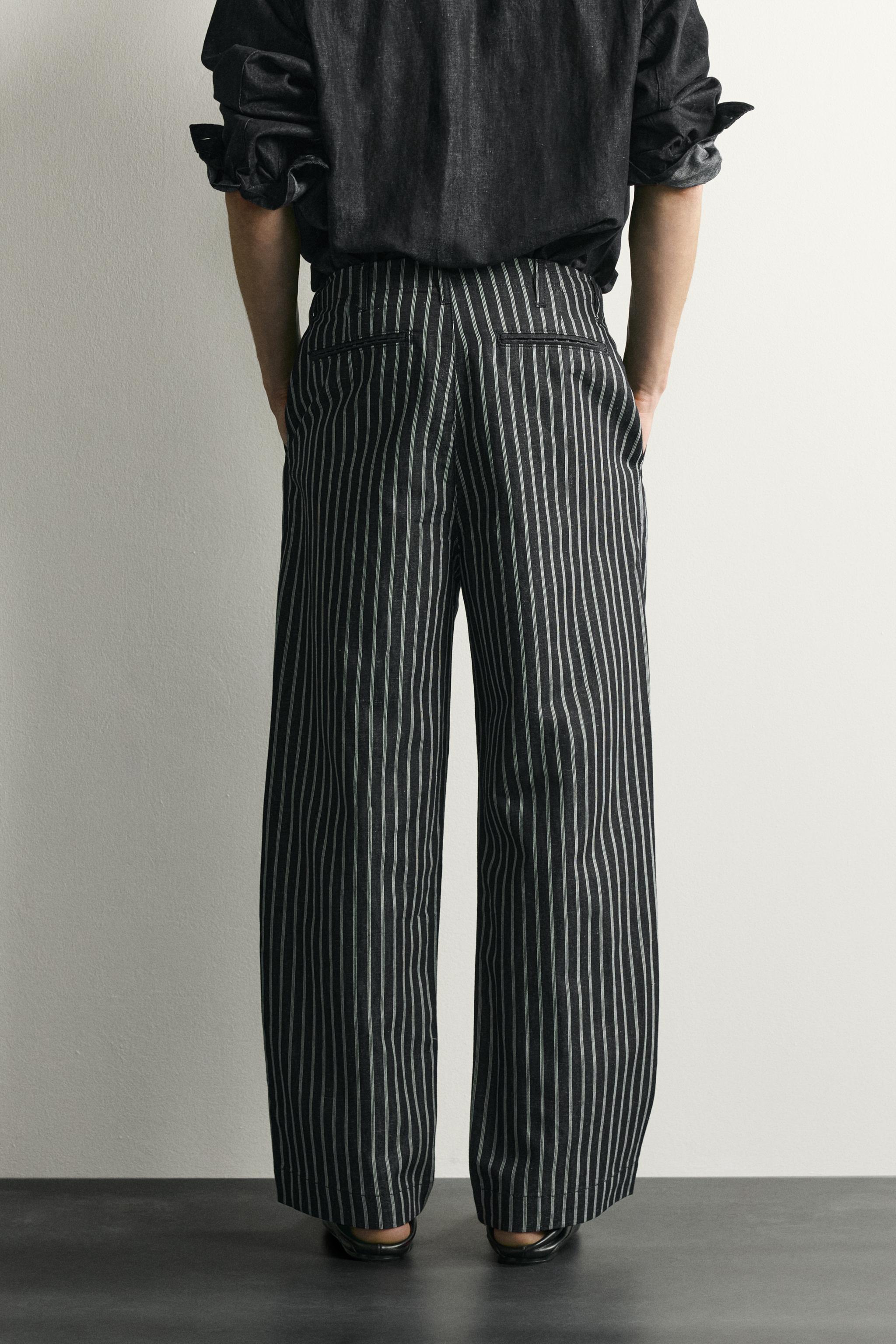 STRIPED COTTON-LINEN DENIM PANTS